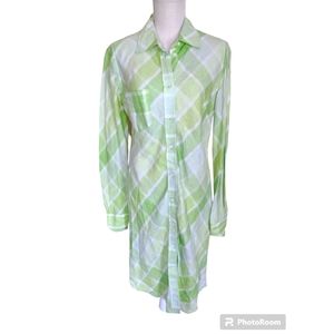 Linen Plaid Shirt Dress Button Down Lime Green Moda International Long Sleeve